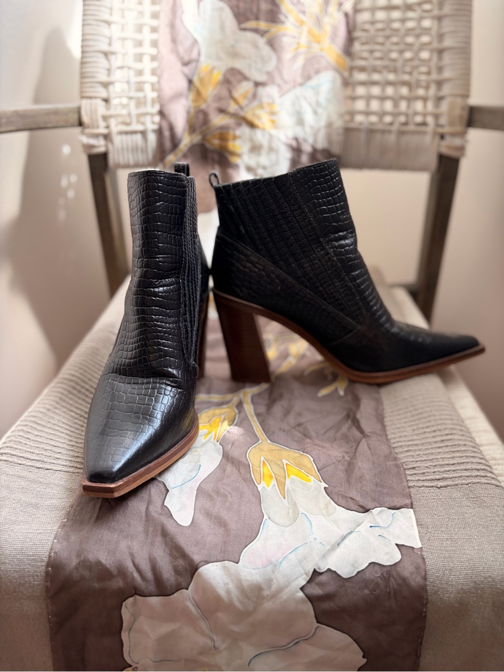 Vince Camuto Black Croc-Embossed Pointed Toe Ankle Boots